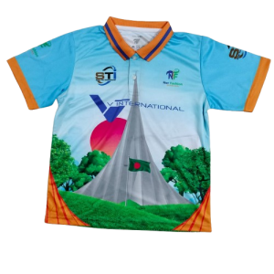 13.Sublimation printed Customized BOY's 1/2 sleeve POLO SHIRT - SETTING SLEEVE + HEMED CUFF + STRIPE PRINTED KNITTED COLLAR + BACK NECK TAPE,