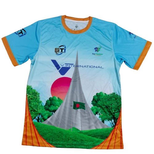 1. Sublimation printed Customized MEN's, ROUND NECK - 1/2 SLEEVE T-SHIRT- SETTING SLEEVE + NECK JOIN+ NECK TAPE + HEMED CUFF ,