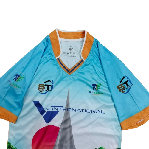 2. Sublimation printed Customized MEN's, V-NECK ( V shape with Band with piping) -1/2 SLEEVE T-SHIRT - RAGLUN SLEEVE + HEMED CUFF + NECK TAPE + POWER MESH PANEL AT BOTH SIDE - Image 3