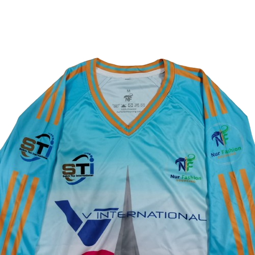 5.Sublimation printed Customized MEN's, V-NECK -1/1 SLEEVE T-SHIRT - RAGLUN SLEEVE + HEMED CUFF + NECK TAPE + POWER MESH PANEL AT BOTH SIDE AS PANEL - Image 3