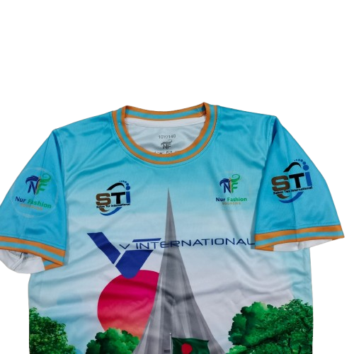 11.Sublimation printed Customized BOY's R. N. 1/2 T-SHIRT (TIPING PRINTED NECK JOIN,1X1 RIB) + CUFF JOIN ( RIB 1X1, TIPING PRINTED UPPER PART & SOLID LOWER PART) + SETTING SLEEVE + B.N. TAPE - Image 3