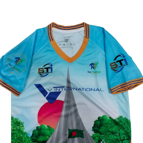 12. Sublimation printed Customized BOY's V.N. 1/2 sleeve T-SHIRT, NECK JOIN ( V UPPER PART TIPING PRINTED 1X1 RIB & LOWER PART SOLID) + CUFF JOIN( TIPING PRINTED 1X1 RIB) + BACK NECK TAPE - Image 3