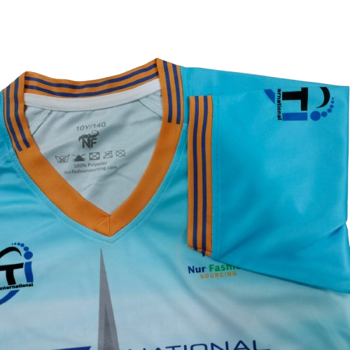 12. Sublimation printed Customized BOY's V.N. 1/2 sleeve T-SHIRT, NECK JOIN ( V UPPER PART TIPING PRINTED 1X1 RIB & LOWER PART SOLID) + CUFF JOIN( TIPING PRINTED 1X1 RIB) + BACK NECK TAPE - Image 4