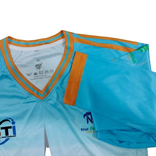 5.Sublimation printed Customized MEN's, V-NECK -1/1 SLEEVE T-SHIRT - RAGLUN SLEEVE + HEMED CUFF + NECK TAPE + POWER MESH PANEL AT BOTH SIDE AS PANEL - Image 5