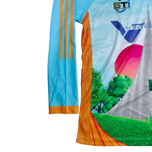 5.Sublimation printed Customized MEN's, V-NECK -1/1 SLEEVE T-SHIRT - RAGLUN SLEEVE + HEMED CUFF + NECK TAPE + POWER MESH PANEL AT BOTH SIDE AS PANEL - Image 4